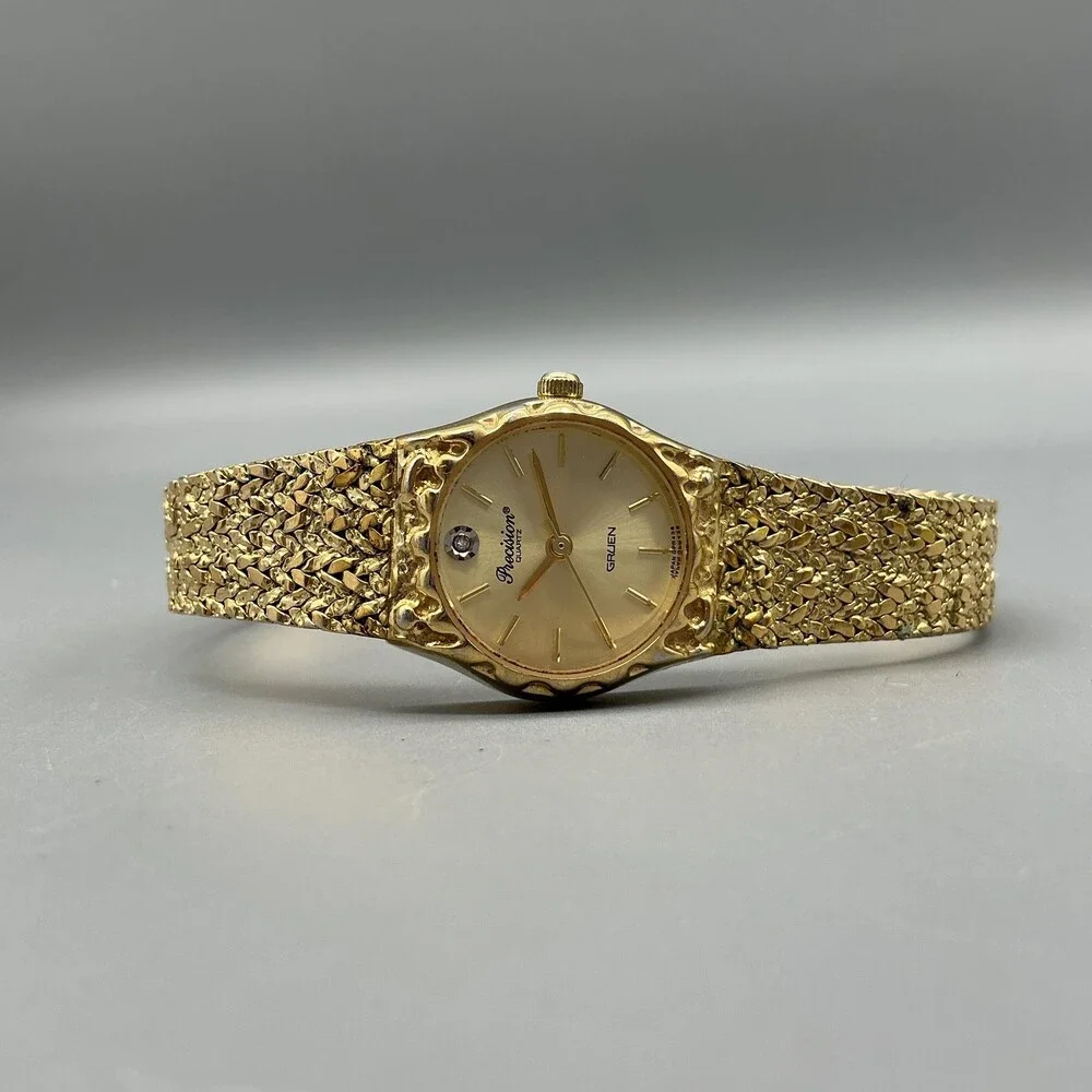 Vtg Gruen Precision Womens Watch 23mm Gold Tone Textured Bracelet New Battery